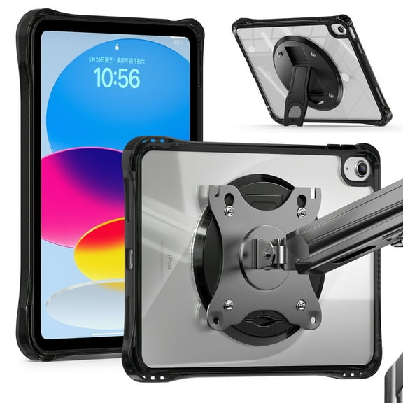 ELEHOLD Heavy Duty VESA-Compatible Case For Apple iPad 11th(A16) 2025/ iPad 10th Gen 2022 , Shockproof Hybrid Protective Cover with 360 Rotating Kickstand / VESA 75x75mm Mount,Black