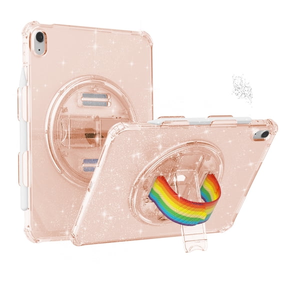 ELEHOLD Hybrid Case for iPad 10th Generation 10.9 Inch 2022, Glitter Clear Slim Shockproof Cute Cover with 360 degree Rotating Handstrap Functional Kickstand Case for iPad 10th,Glitter Gold