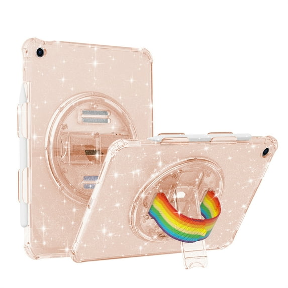 ELEHOLD Hybrid Case for iPad 9th 8th 7th Generation 10.2 Inch, Glitter Clear Slim Shockproof Cute Cover with 360 degree Rotating Handstrap Functional Kickstand Case for iPad 10.2",Glitter Gold