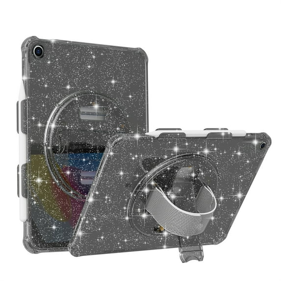 ELEHOLD Hybrid Case for iPad 9th 8th 7th Generation 10.2 Inch, Glitter Clear Slim Shockproof Cute Cover with 360 degree Rotating Handstrap Functional Kickstand Case for iPad 10.2",Glitter Black