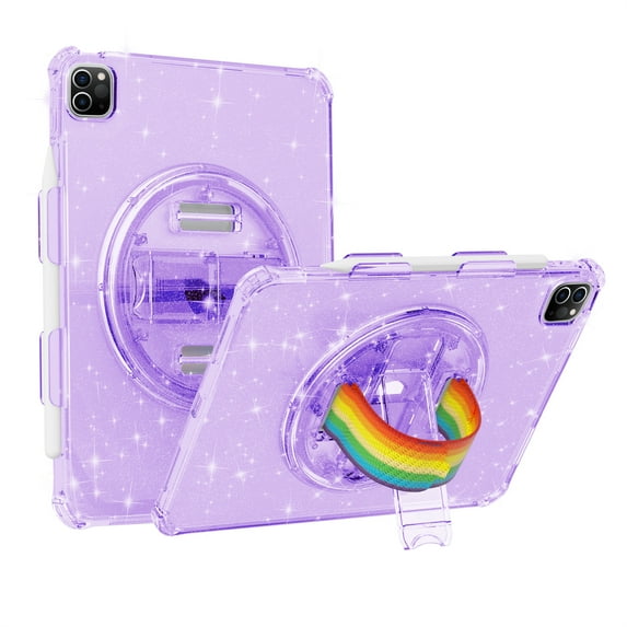 ELEHOLD Hybrid Case for iPad Pro 11 Inch 2022/2021/2020/2018/ iPad Air 4/ Air 5, Glitter Clear Slim Shockproof Cute Cover with 360 degree Rotating Handstrap Functional Kickstand Case,Glitter Purple