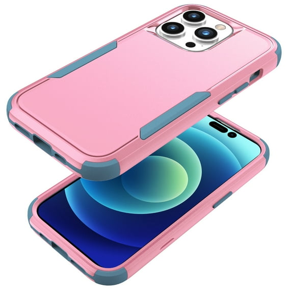 ELEHOLD Hybrid Case for iPhone 15 Pro 6.1" Rugged Shockproof Anti-Scratch Anti-Fingerprint Protective Hard PC Cover Support Wireless Charging for iPhone 15 Pro - Pink+Green