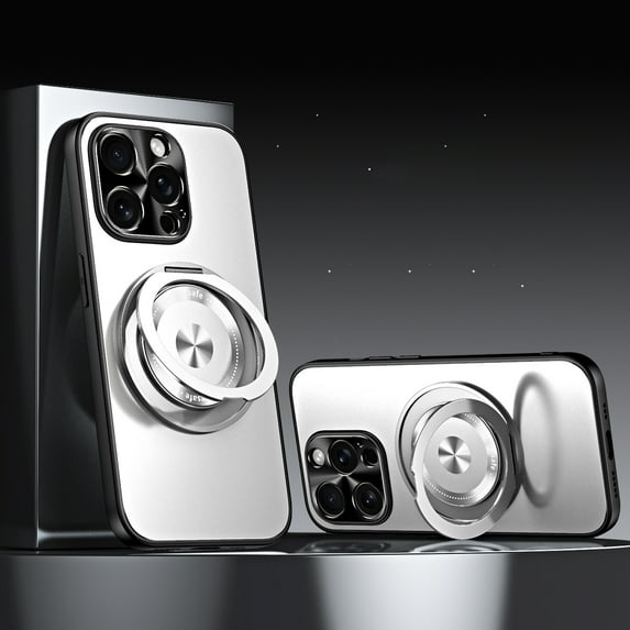 ELEHOLD Hybrid Frosted Plating Rugged Case For iPhone 13 Pro – PC + TPU Magnetic Shockproof Cover, MagSafe Compatible, with 360° Rotatable Ring Stand & Lens All-Inclusive Design, Silver