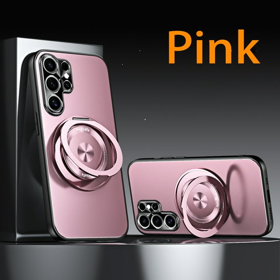 ELEHOLD Hybrid Frosted Plating Rugged Case For Samsung Galaxy S24 Ultra – PC + TPU Magnetic Shockproof Cover, MagSafe Compatible, with 360° Rotatable Ring Stand & Lens All-Inclusive Design, Pink