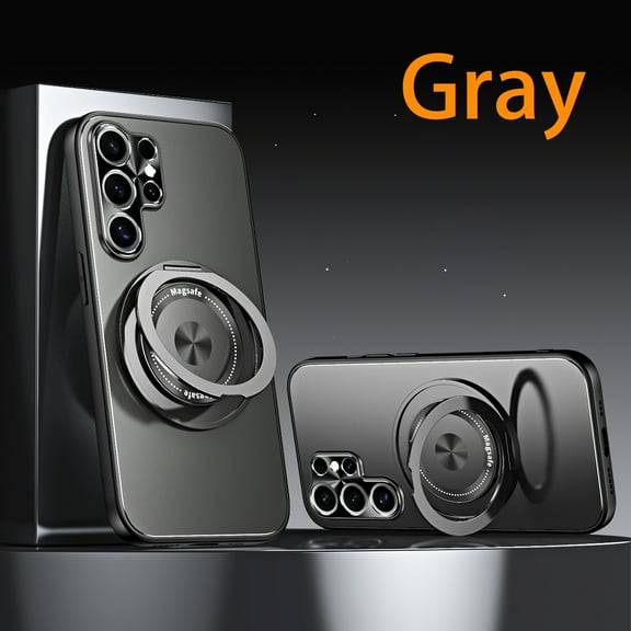 ELEHOLD Hybrid Frosted Plating Rugged Case For Samsung Galaxy S24 Ultra – PC + TPU Magnetic Shockproof Cover, MagSafe Compatible, with 360° Rotatable Ring Stand & Lens All-Inclusive Design, Gray