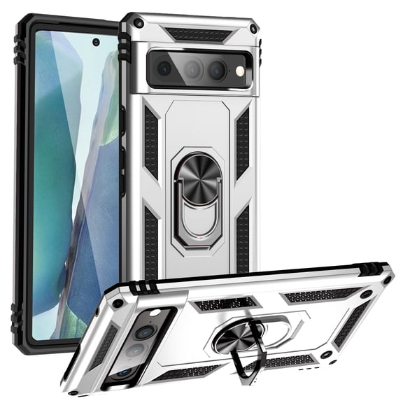 ELEHOLD Hybrid Rugged Case for Google Pixel 7 Pro Full Body Protection with Metal Magnetic 360° Rotating Ring Holder Kickstand Shockproof Heavy Duty Case For Google Pixel 7 Pro,Silver