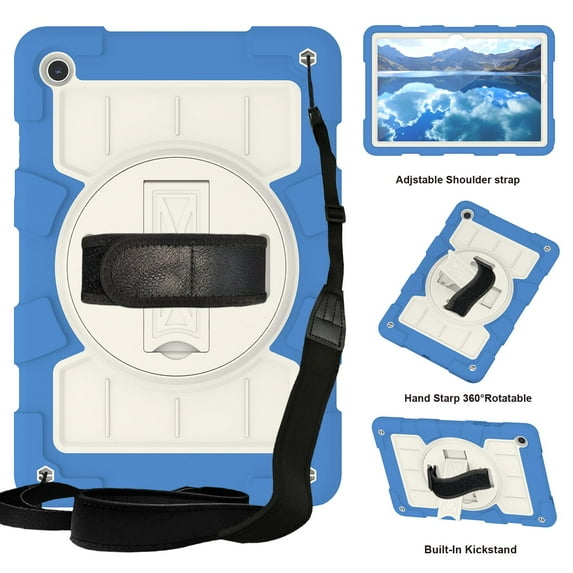 ELEHOLD Hybrid Rugged Case for Samsung Galaxy Tab A9 Plus 11.0" (2023), Heavy Duty Shockproof Cover with 360° Rotation Handstrap Kickstand Detachable Shoulder Strap Case for Galaxy Tab A9+,Blue