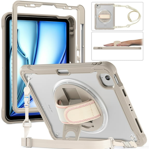 ELEHOLD Hybrid Rugged Case For Samsung Galaxy Tab S11 2025, Heavy Duty Shockproof Case with 360° Rotatable Handstrap Foldable Kickstand Crossbody Shoulder Strap,Khaki