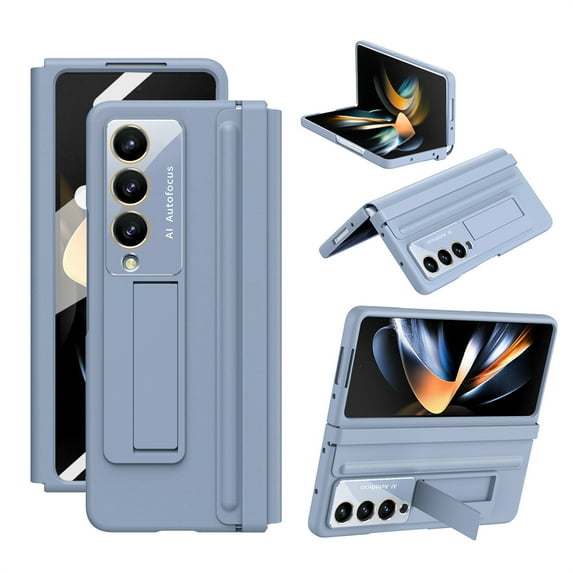 ELEHOLD Hybrid Rugged Case for Samsung Galaxy Z Fold 4 Case with Built-in Screen Protector, Invisible Kickstand, Leather Hinge Protector, Camera Lens Protection Samsung Z Fold 4 Shockproof Case,Blue