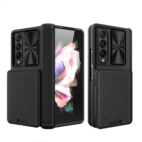 ELEHOLD Hybrid Rugged Case for Samsung Galaxy Z Fold 4,with Removable Card Slot Sliding Camera Lens Protector Screen Protector Shockproof Magnetic Case for Samsung Z Fold 4,Black