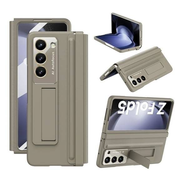 ELEHOLD Hybrid Rugged Case for Samsung Galaxy Z Fold 5 Case with Built-in Screen Protector, Invisible Kickstand, Leather Hinge Protector, Camera Lens Protection Samsung Z Fold 5 Shockproof Case, Brown