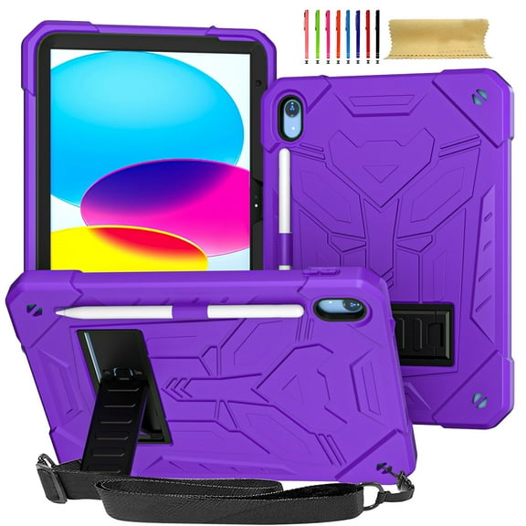 ELEHOLD Hybrid Rugged Case for iPad 10th Generation 10.9" 2022, Heavy Duty Shockproof Case with Hidden Foldable Kickstand Adjustable Crossbody Shoulder Strap Pencil Holder,Purple