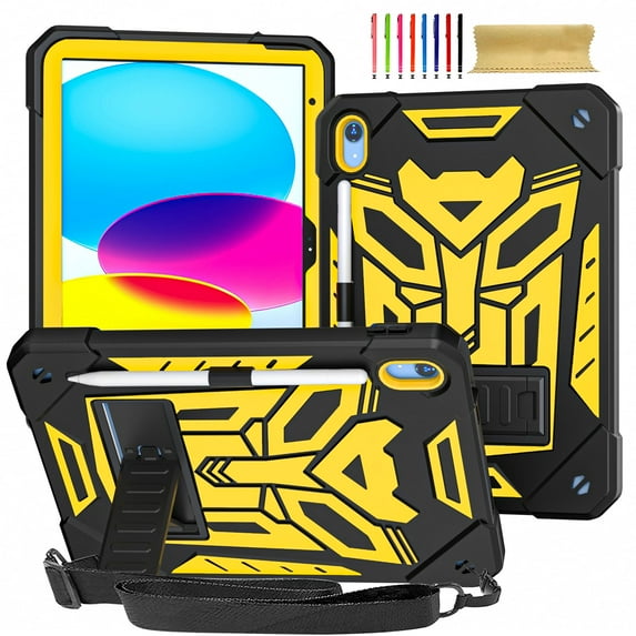 ELEHOLD Hybrid Rugged Case for iPad 10th Generation 10.9" 2022, Heavy Duty Shockproof Case with Hidden Foldable Kickstand Adjustable Crossbody Shoulder Strap Pencil Holder,Black+Yellow