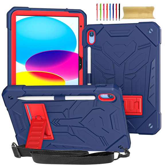 ELEHOLD Hybrid Rugged Case for iPad 10th Generation 10.9" 2022, Heavy Duty Shockproof Case with Hidden Foldable Kickstand Adjustable Crossbody Shoulder Strap Pencil Holder,Darkblue
