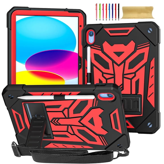 ELEHOLD Hybrid Rugged Case for iPad 10th Generation 10.9" 2022, Heavy Duty Shockproof Case with Hidden Foldable Kickstand Adjustable Crossbody Shoulder Strap Pencil Holder,Black+Red