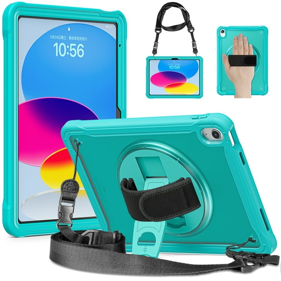 ELEHOLD Hybrid Rugged Case for iPad 11th(A16) Generation 2025, Heavy Duty Shockproof Case with 360° Rotatable Handstrap Foldable Kickstand Crossbody Shoulder Strap for iPad 11th Gen, Blue