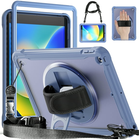 ELEHOLD Hybrid Rugged Case for iPad 9th/8th/7th 10.2" 2021/2020/2019, Dual-Layer Protective Heavy Duty Shockproof Case with 360° Rotatable Handstrap Foldable Kickstand Crossbody Shoulder Strap,Grey