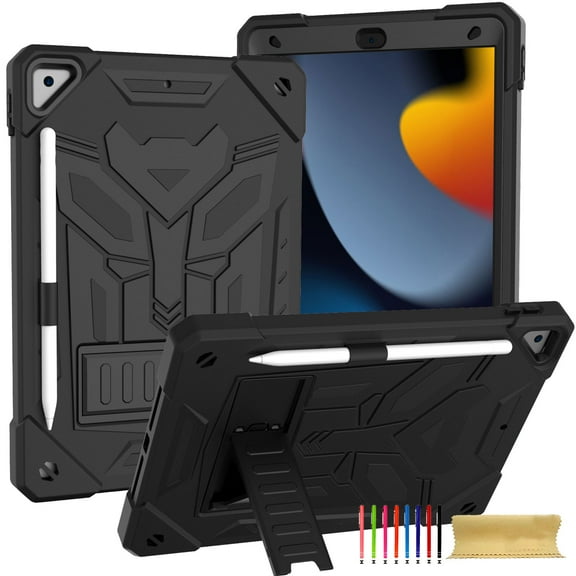 ELEHOLD Hybrid Rugged Case for iPad 9th/8th/7th Gen 10.2 2021/2020/2019, Heavy Duty Shockproof Case with Hidden Foldable Kickstand Adjustable Crossbody Shoulder Strap Pencil Holder,Black