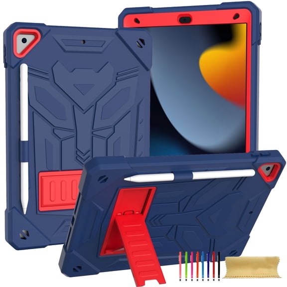 ELEHOLD Hybrid Rugged Case for iPad 9th/8th/7th Gen 10.2 2021/2020/2019, Heavy Duty Shockproof Case with Hidden Foldable Kickstand Adjustable Crossbody Shoulder Strap Pencil Holder,Darkblue
