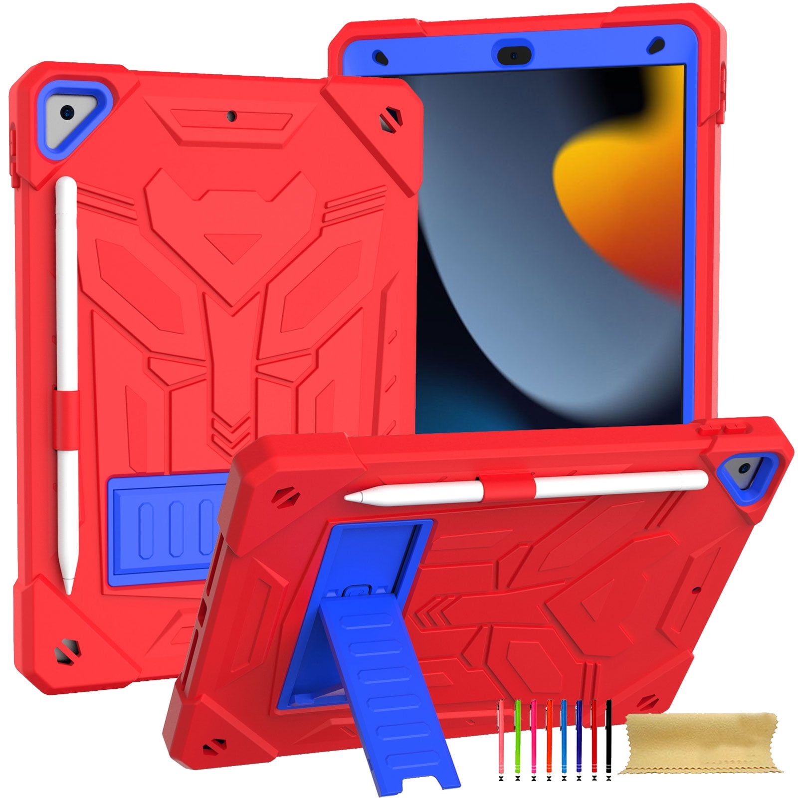 ELEHOLD Hybrid Rugged Case for iPad 9th/8th/7th Gen 10.2 2021/2020/2019, Heavy Duty Shockproof Case with Hidden Foldable Kickstand Adjustable Crossbody Shoulder Strap Pencil Holder,Red