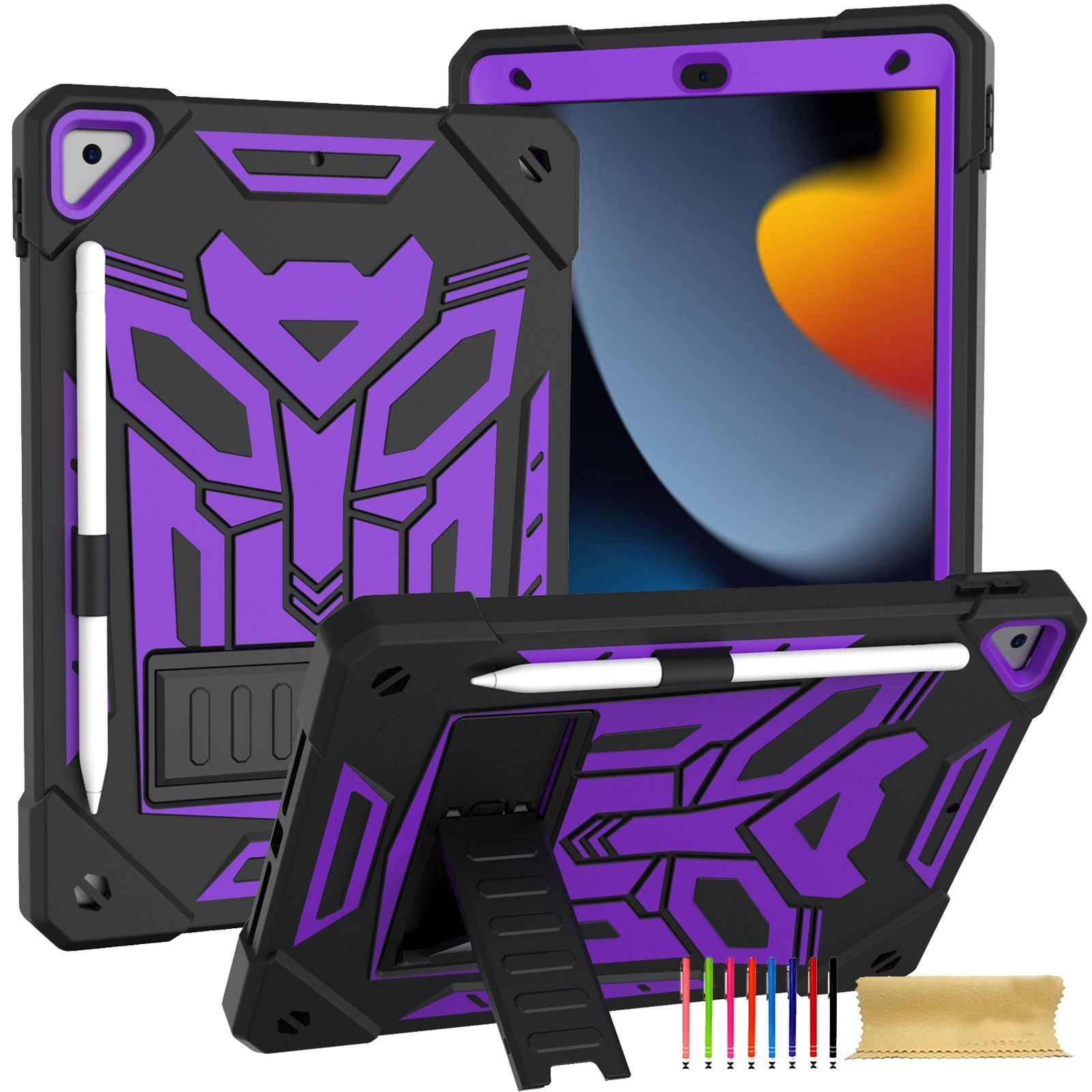 ELEHOLD Hybrid Rugged Case for iPad 9th/8th/7th Gen 10.2 2021/2020/2019, Heavy Duty Shockproof Case with Hidden Foldable Kickstand Adjustable Crossbody Shoulder Strap Pencil Holder,Black+Purple