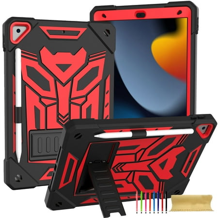 ELEHOLD Hybrid Rugged Case for iPad 9th/8th/7th Gen 10.2 2021/2020/2019, Heavy Duty Shockproof Case with Hidden Foldable Kickstand Adjustable Crossbody Shoulder Strap Pencil Holder,Black+Red