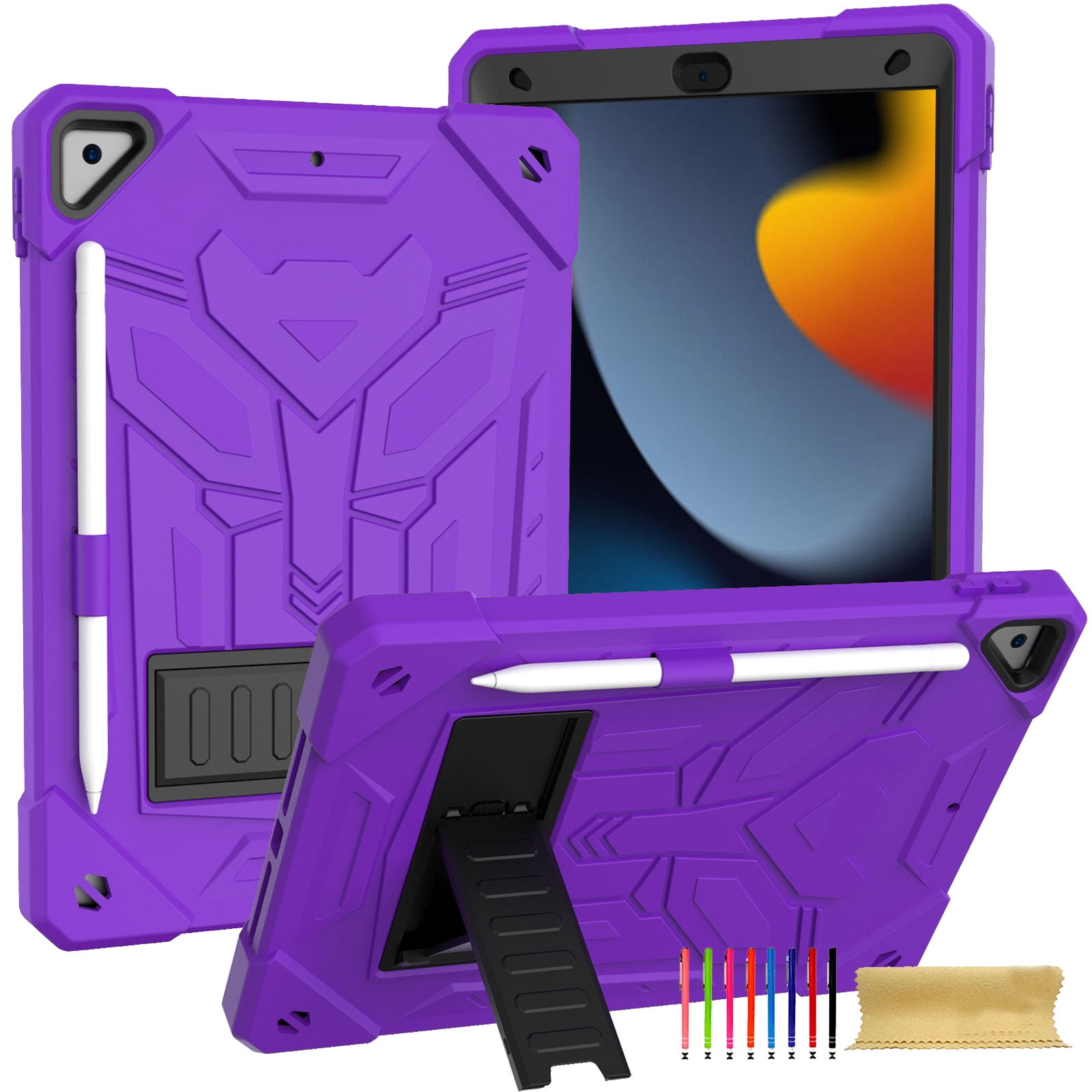 ELEHOLD Hybrid Rugged Case for iPad 9th/8th/7th Gen 10.2 2021/2020/2019, Heavy Duty Shockproof Case with Hidden Foldable Kickstand Adjustable Crossbody Shoulder Strap Pencil Holder,Purple