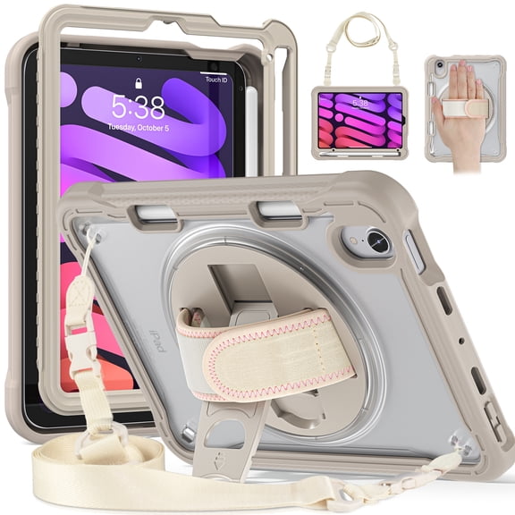 ELEHOLD Hybrid Rugged Case for iPad Mini 6th Generation, Dual-Layer Protective Heavy Duty Shockproof Case with 360° Rotatable Handstrap Foldable Kickstand Crossbody Shoulder Strap,Khaki