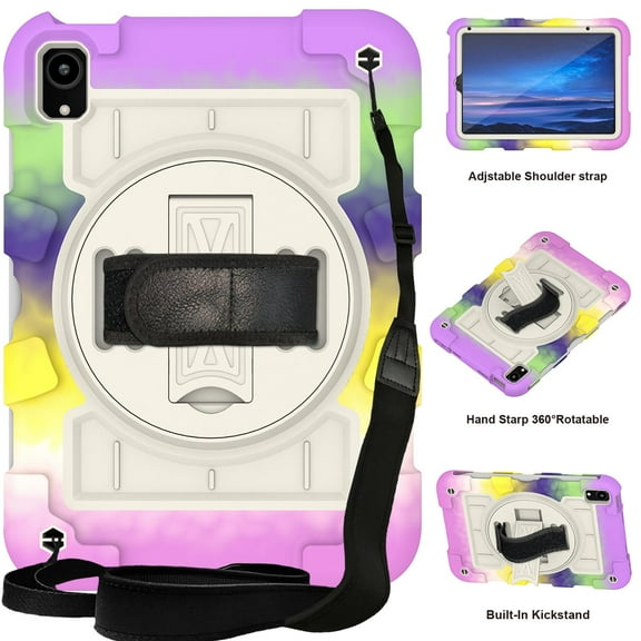 ELEHOLD Hybrid Rugged Case for iPad Mini (6th Generation), Heavy Duty Shockproof Cover with 360° Rotation Handstrap Kickstand Detachable Shoulder Strap Case for iPad mini 6 -2021,Rainbow