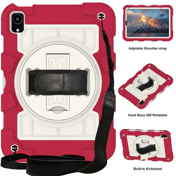 ELEHOLD Hybrid Rugged Case for iPad Mini (6th Generation), Heavy Duty Shockproof Cover with 360° Rotation Handstrap Kickstand Detachable Shoulder Strap Case for iPad mini 6 -2021,Red