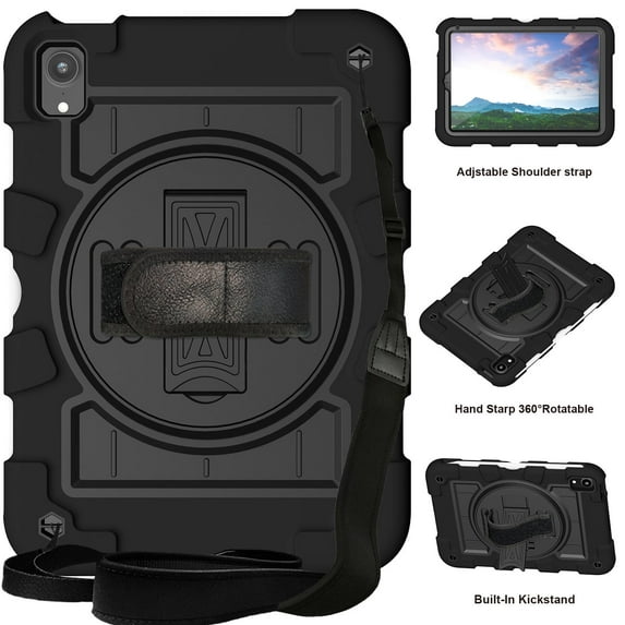 ELEHOLD Hybrid Rugged Case for iPad Mini (6th Generation), Heavy Duty Shockproof Cover with 360° Rotation Handstrap Kickstand Detachable Shoulder Strap Case for iPad mini 6 -2021,Black