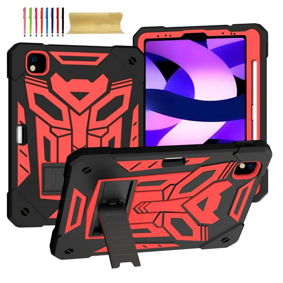ELEHOLD Hybrid Rugged Case for iPad Pro 11" 2022/2021/2020/2018/Air 5/Air 4, Heavy Duty Shockproof Case with Hidden Foldable Kickstand Adjustable Crossbody Shoulder Strap Pencil Holder,Black+Red
