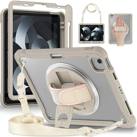 ELEHOLD Hybrid Rugged Case for iPad Pro 11" 2022/2021/2020/2018, Dual-Layer Protective Heavy Duty Shockproof Case with 360° Rotatable Handstrap Foldable Kickstand Crossbody Shoulder Strap,Khaki