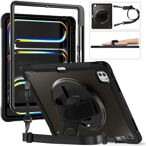 ELEHOLD Hybrid Rugged Case for iPad Pro 11-inch (M5) 2025/(M4) 2024 Heavy Duty Shockproof Case with 360° Rotatable Handstrap Foldable Kickstand Crossbody Shoulder Strap, A