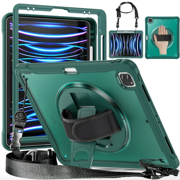 ELEHOLD Hybrid Rugged Case for iPad Pro 12.9" 2022/2021/2020/2018, Dual-Layer Protective Heavy Duty Shockproof Case with 360° Rotatable Handstrap Foldable Kickstand Crossbody Shoulder Strap,Darkgreen