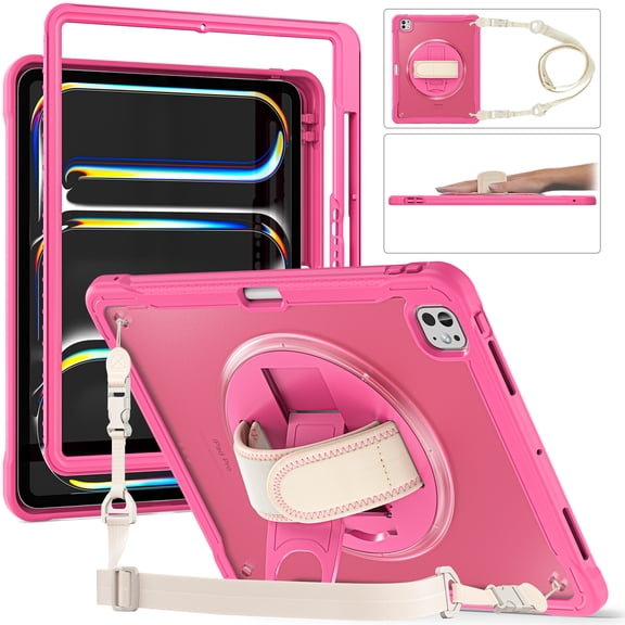 ELEHOLD Hybrid Rugged Case for iPad Pro 13-inch (M5) 2025/(M4) 2024 Heavy Duty Shockproof Case with 360° Rotatable Handstrap Foldable Kickstand Crossbody Shoulder Strap, Rose