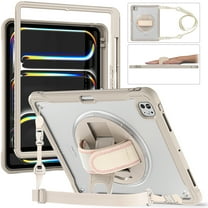 ELEHOLD Hybrid Rugged Case for iPad Pro 13-inch (M5) 2025/(M4) 2024 Heavy Duty Shockproof Case with 360° Rotatable Handstrap Foldable Kickstand Crossbody Shoulder Strap, Khaki