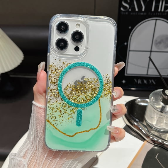 ELEHOLD Hybrid Rugged Case For iPhone 14 – Gold Foil Glitter Gradient Magnetic Shockproof Cover, MagSafe Compatible, Marble Pattern, Logo Visible Design, Green