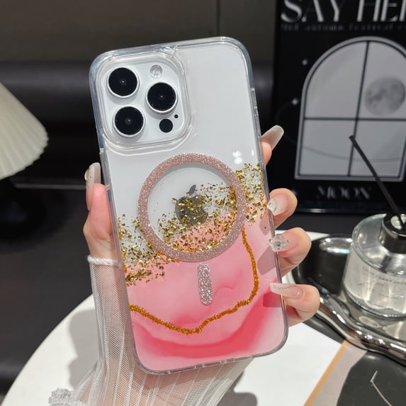 ELEHOLD Hybrid Rugged Case For iPhone 15 – Gold Foil Glitter Gradient Magnetic Shockproof Cover, MagSafe Compatible, Marble Pattern, Logo Visible Design, Pink