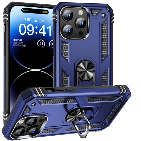 ELEHOLD Hybrid Rugged Case for iPhone 16 Full Body Protection with Metal Magnetic 360° Rotating Ring Holder Kickstand Shockproof Heavy Duty Case for iPhone 16,Blue