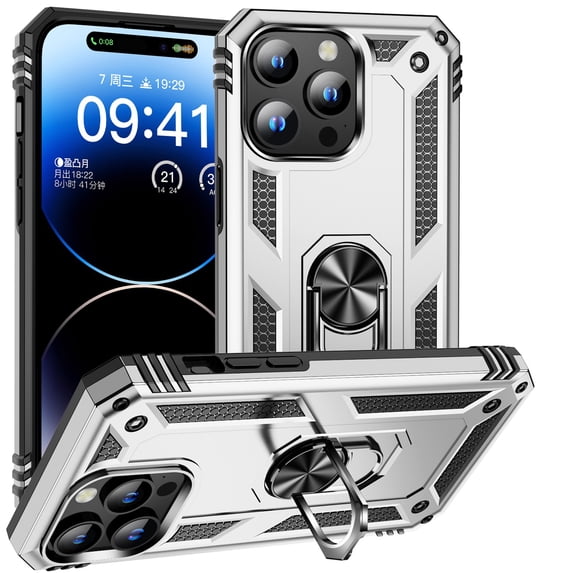 ELEHOLD Hybrid Rugged Case for iPhone 16 Pro Full Body Protection with Metal Magnetic 360° Rotating Ring Holder Kickstand Shockproof Heavy Duty Case for iPhone 16 Pro,Silver