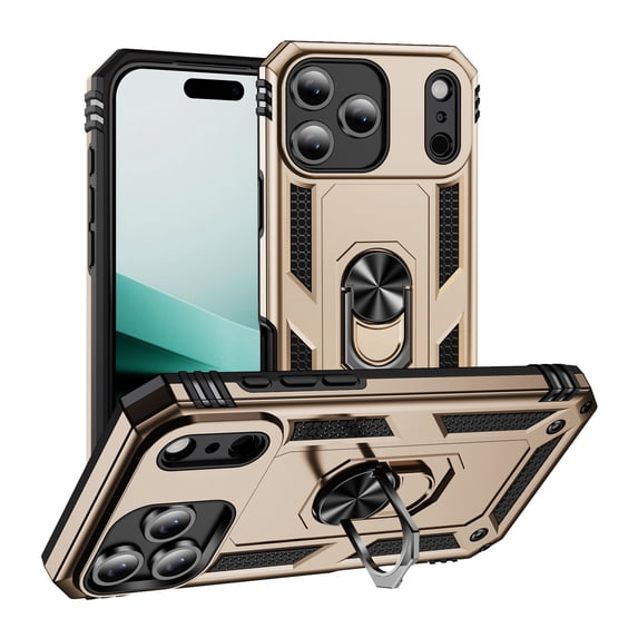 ELEHOLD Hybrid Rugged Case for iPhone 17 Pro Max Full Body Protection with Metal Magnetic 360° Rotating Ring Holder Kickstand Shockproof Heavy Duty Case for iPhone 17 Pro Max,Gold