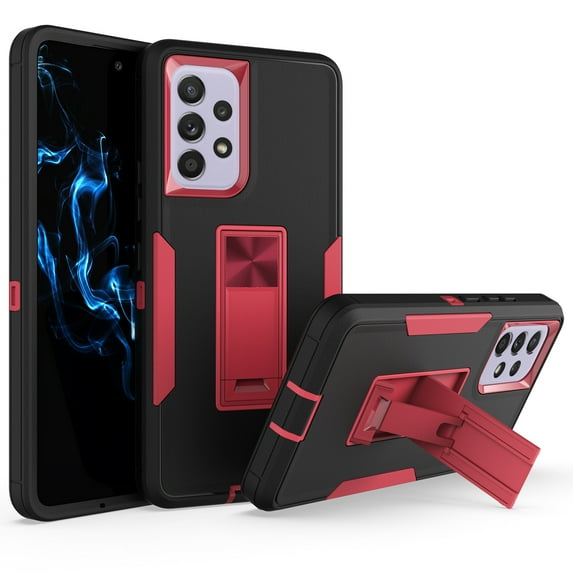 ELEHOLD Kickstand Rugged Case of Samsung Galaxy A53 5G 6.5 inch,Made of Hard PC Plastic + Flexible TPU,with Shockproof Dustproof Lens Protection Folding Hidden Form Bracket Case,Black/Winered