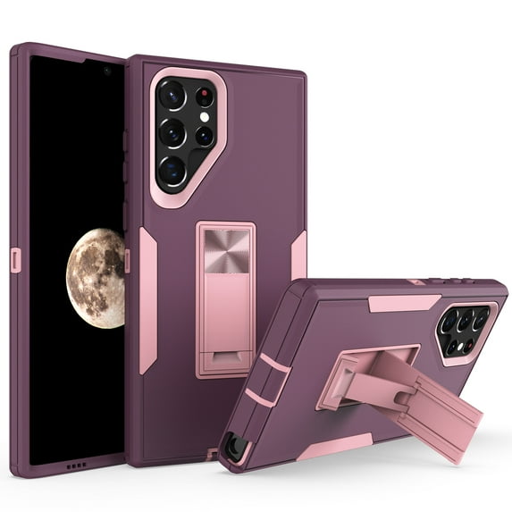 ELEHOLD Kickstand Rugged Case of Samsung Galaxy S22 Ultra 6.8 inch,Made of Hard PC Plastic + Flexible TPU,with Shockproof Dustproof Lens Protection Folding Hidden Form Bracket Case,Purple/Rosegold