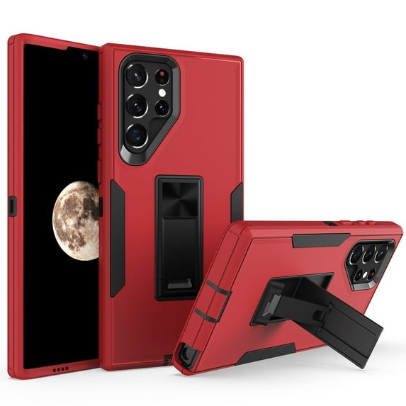 ELEHOLD Kickstand Rugged Case of Samsung Galaxy S22 Ultra 6.8 inch,Made of Hard PC Plastic + Flexible TPU,with Shockproof Dustproof Lens Protection Folding Hidden Form Bracket Case,Red/Black