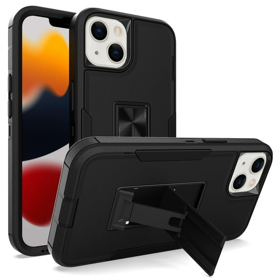 ELEHOLD Kickstand Rugged Case of iPhone 14 Plus 6.7 inch,Made of Hard PC Plastic + Flexible TPU,with Shockproof Dustproof Lens Protection Folding Hidden Form Bracket Case, Black