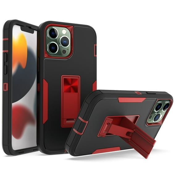 ELEHOLD Kickstand Rugged Case of iPhone 14 Pro 6.1 inch,Made of Hard PC Plastic + Flexible TPU,with Shockproof Dustproof Lens Protection Folding Hidden Form Bracket Case, Black/Winered