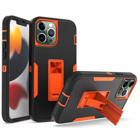 ELEHOLD Kickstand Rugged Case of iPhone 14 Pro 6.1 inch,Made of Hard PC Plastic + Flexible TPU,with Shockproof Dustproof Lens Protection Folding Hidden Form Bracket Case, Black/Orange