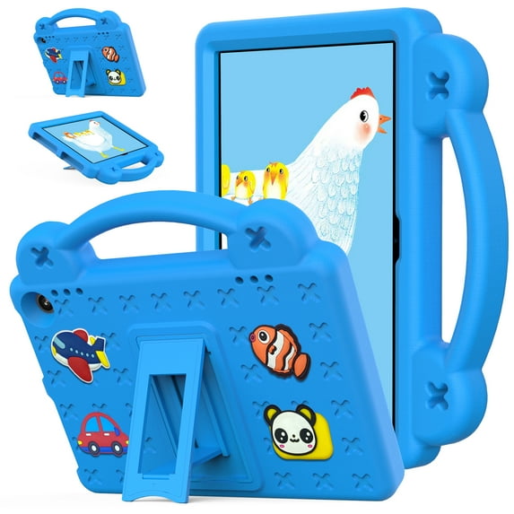 ELEHOLD Kids Case for Amazon Fire HD8/HD8plus(12th generation 2024/2022/2020 release) EVA Foam Cute Cartoon Case with Built-in Kickstand Shockproof Portable Case with DIY Accessories,Skyblue