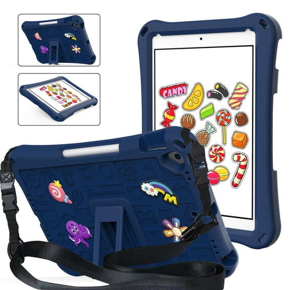 ELEHOLD Kids Case for Apple iPad mini 7 (A17 Pro)2024/6th Generation with Kickstand Soft EVA Rugged Shockproof Anti-Scratch Cover with Detachable Strap,Navyblue